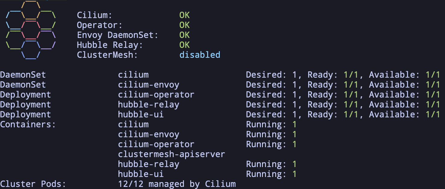 Terminal shows the result of the cilium status &ndash;wait command